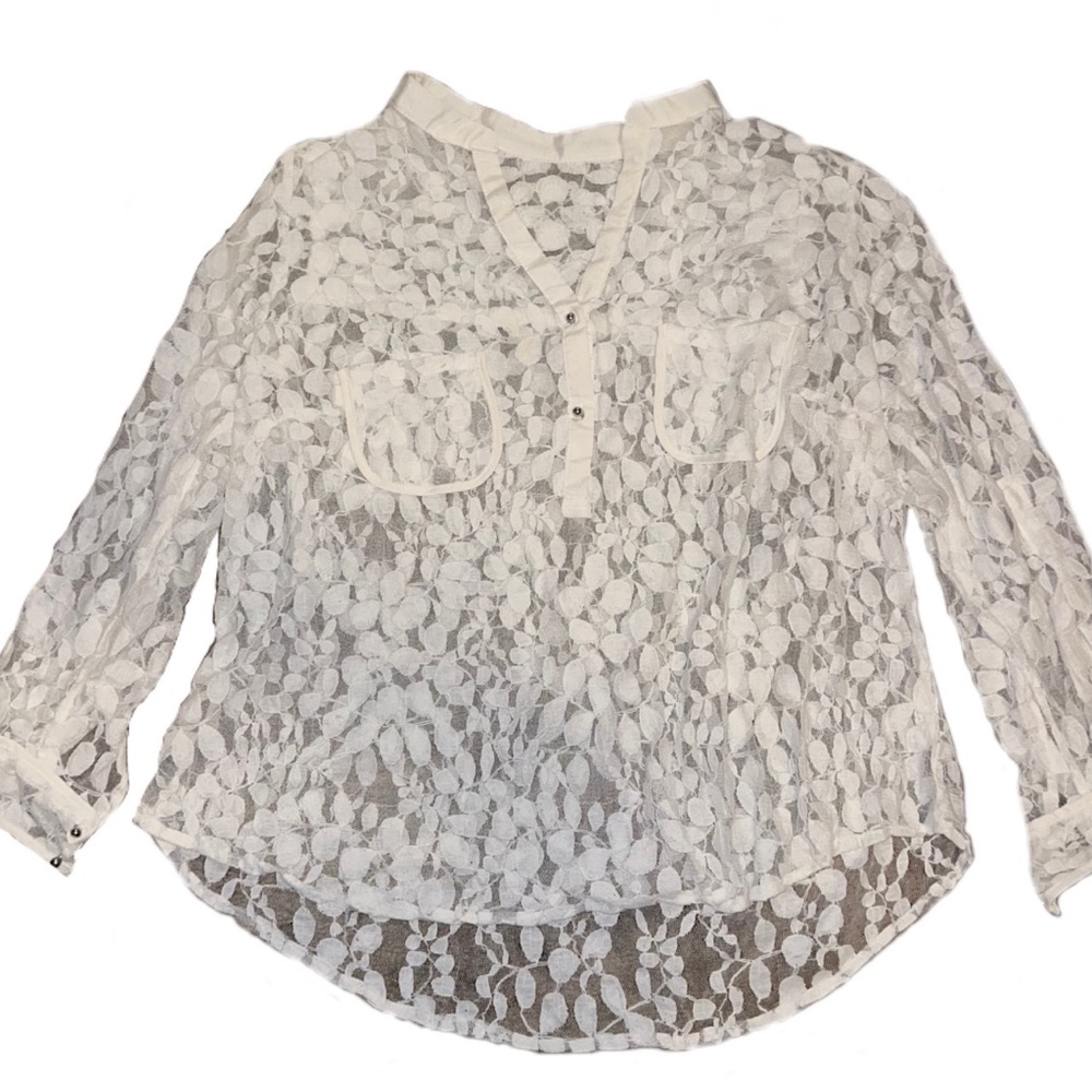 Lace mesh white button up style blouse